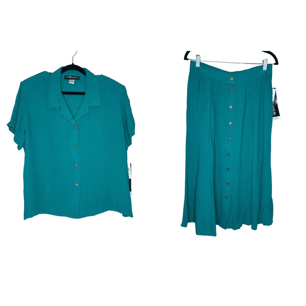 Sag Harbor VTG NWT Petite Skirt Set Retro‎ Button Front Teal Green Casual Size L